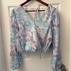 Floral Surplice Long-Sleeve Blouse in Light Purple & Aqua